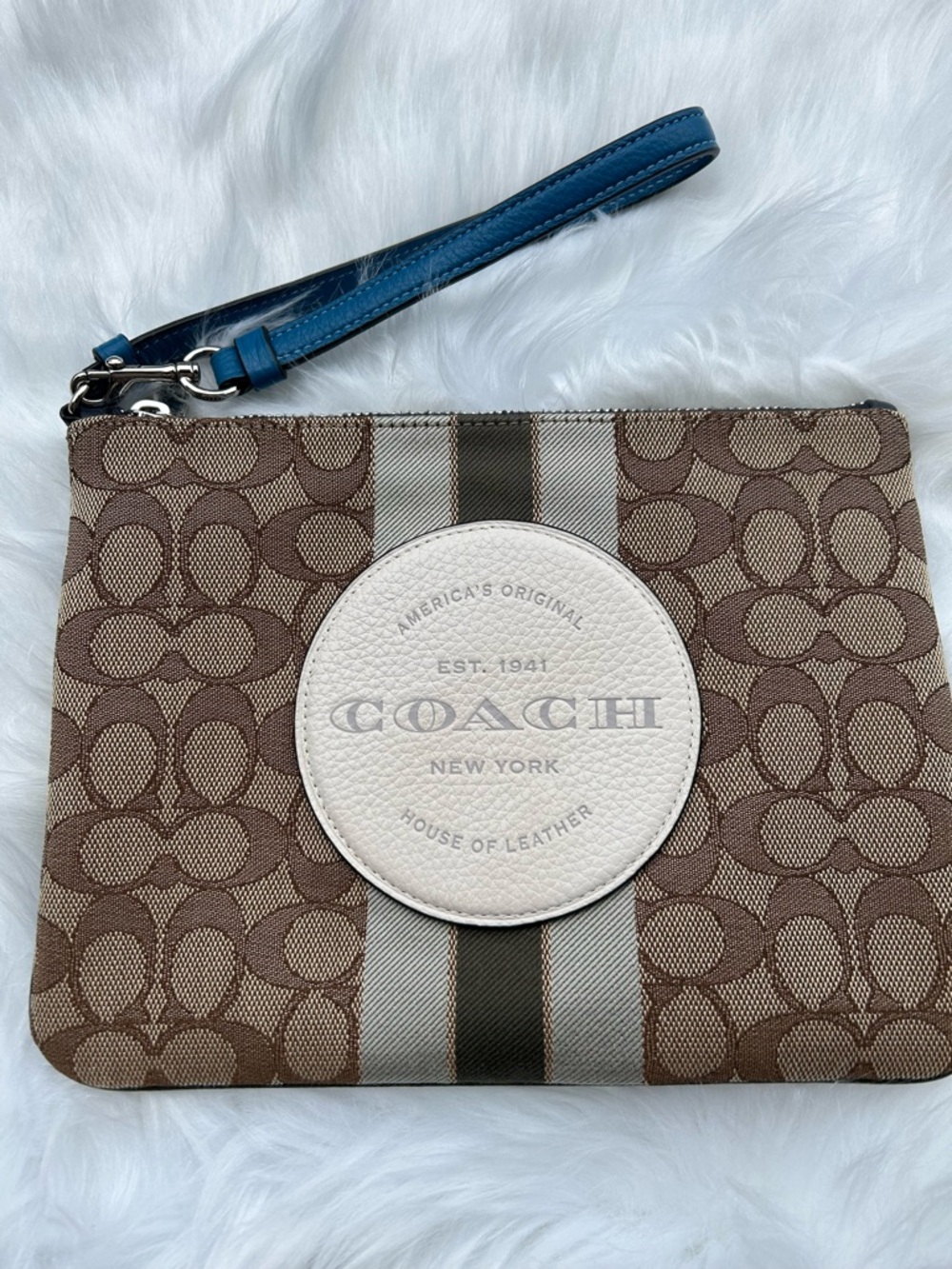 Coach Brown Tan Signature Canvas Wristlet with Blue Strap